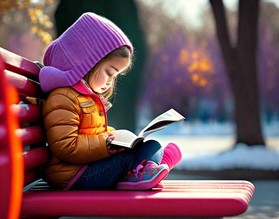Young girl reading book on red bench with pink hat and orange jacket, trees in background