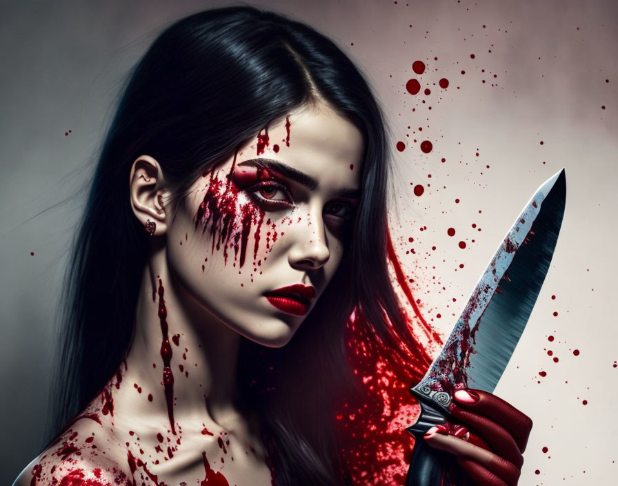 Woman with bloodied face and knife in dramatic lighting