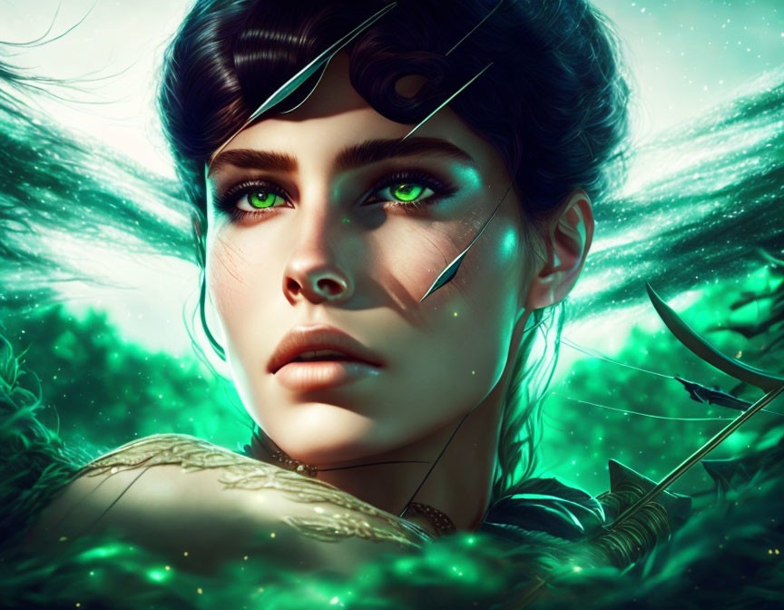 Digital portrait of a woman with glowing green eyes and mystical green light.