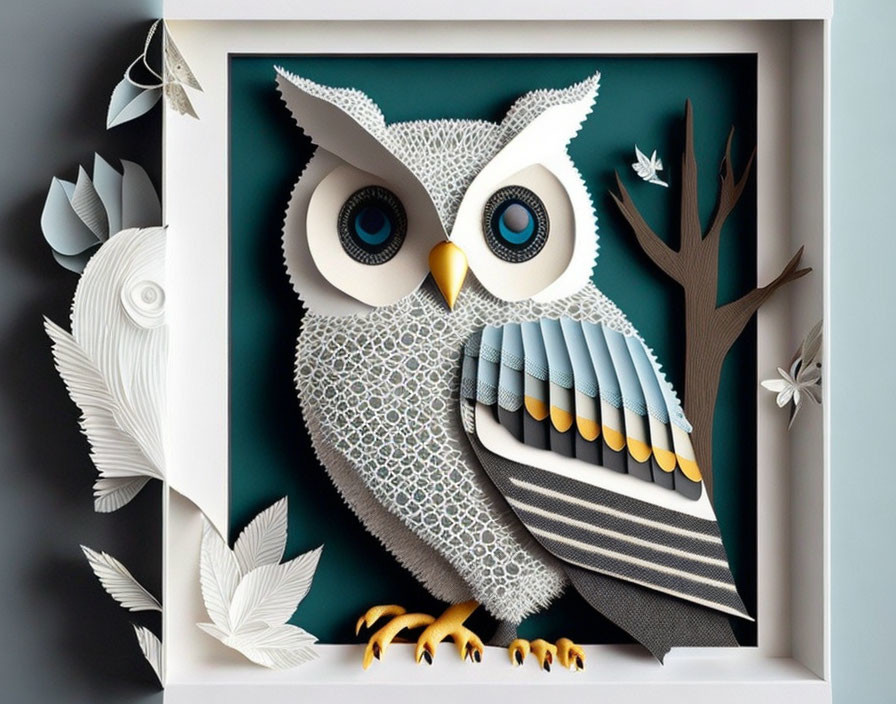 Detailed 3D paper art owl in shadow box with tree and leaves
