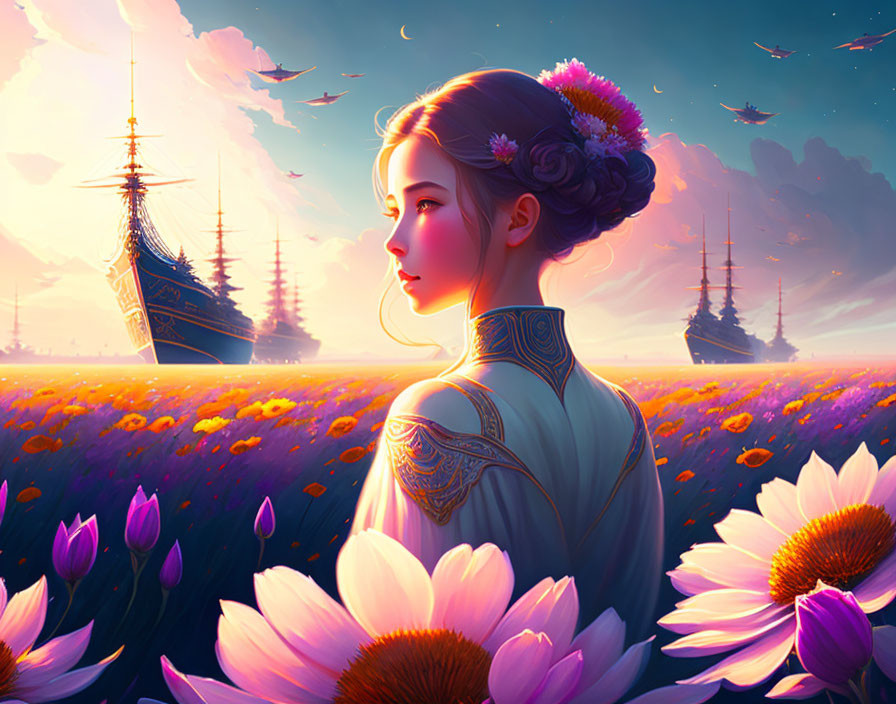 Woman in flower field with ships in sky: dreamy digital art