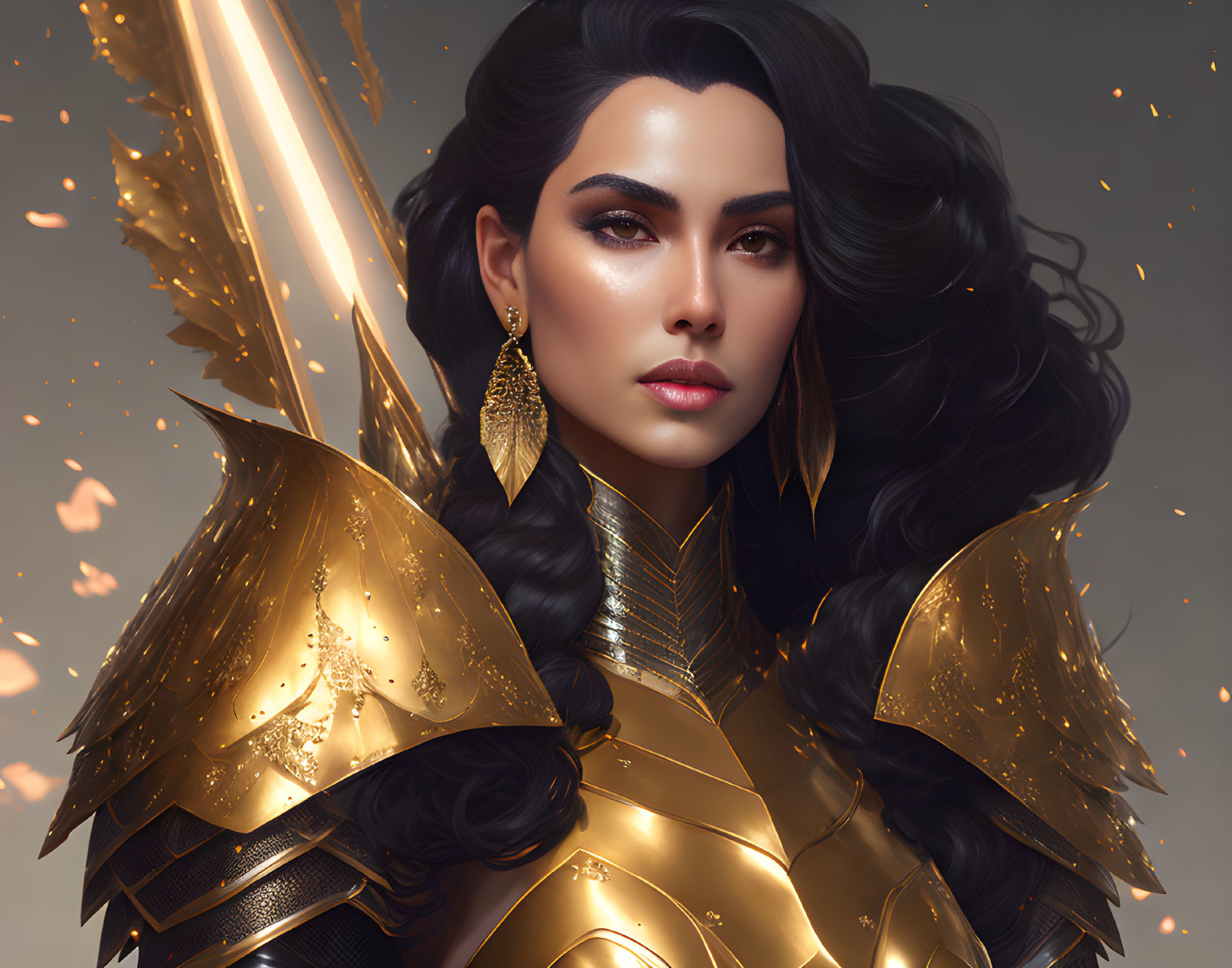Digital artwork: Woman in golden armor with dark hair