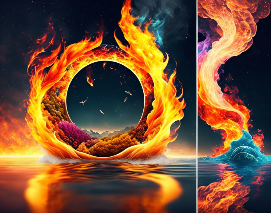 Surreal image with serene landscape and fiery whirlpool within flaming rings