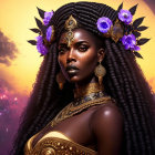 Dark-skinned woman in regal attire with golden jewelry and purple floral headpiece, set against moon