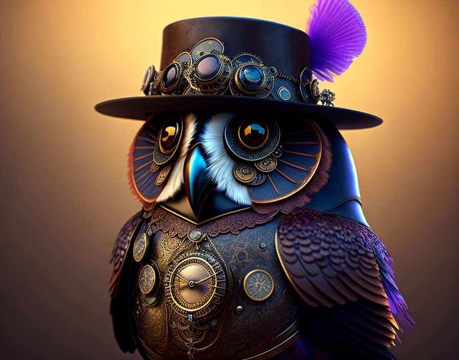 Steampunk-inspired owl illustration with mechanical features and top hat.