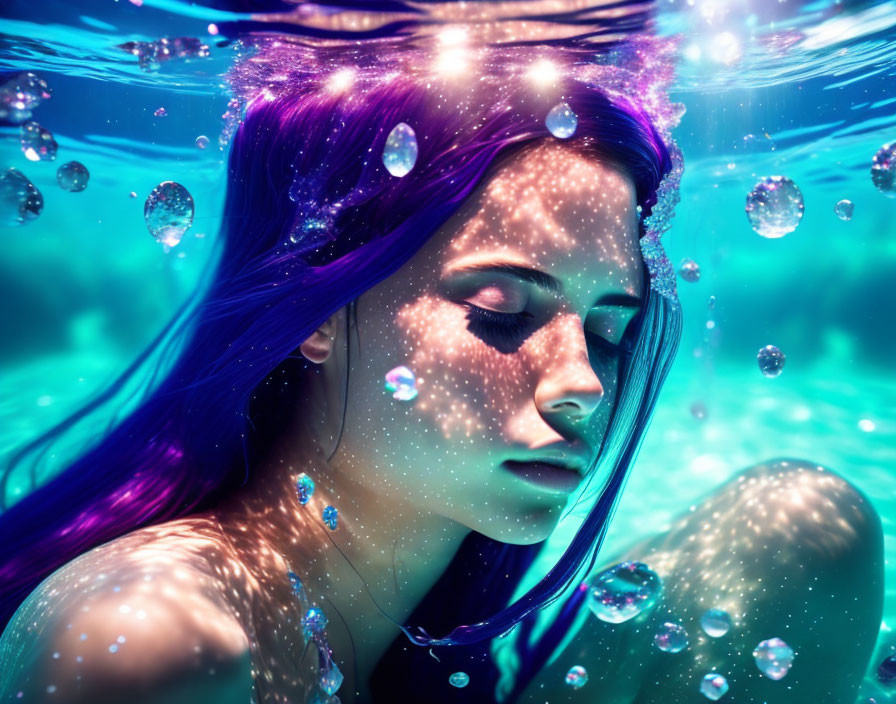 Surreal image: Person with purple hair submerged in water