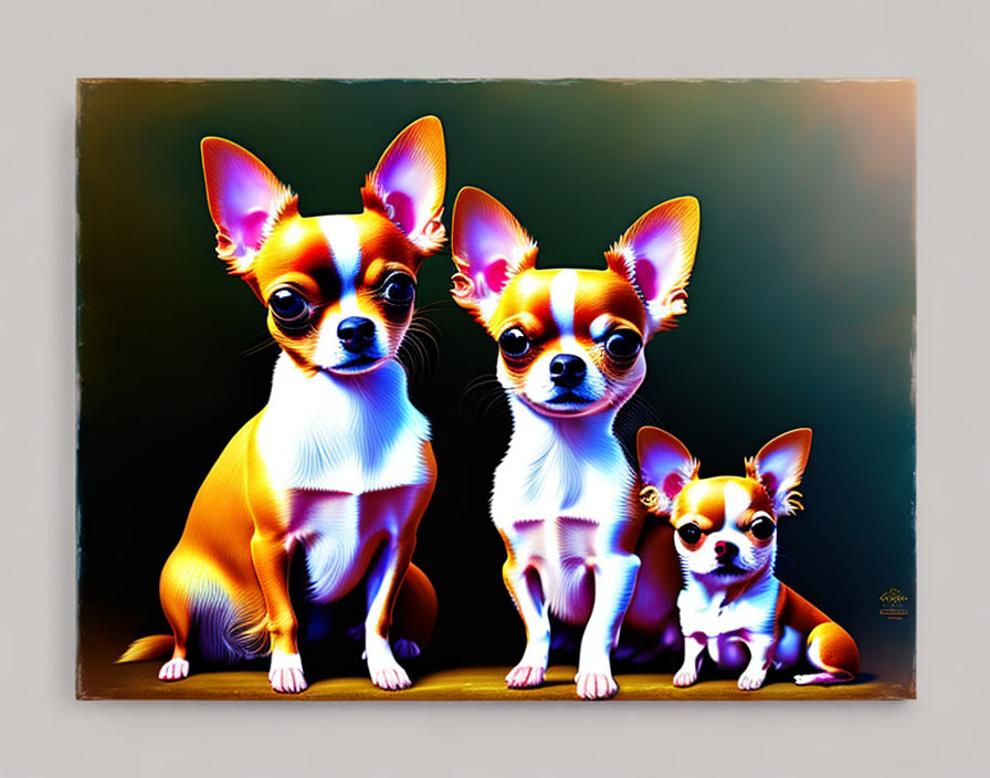 Three vibrant Chihuahuas with exaggerated features in neon glow hues on canvas