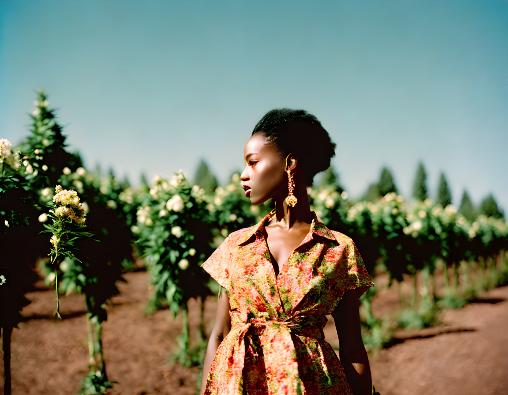 Woman in Floral Dress Surrounded by Green Plants Under Blue Sky