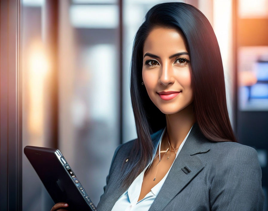 Dark-haired professional woman in gray blazer and white shirt with tablet in office setting