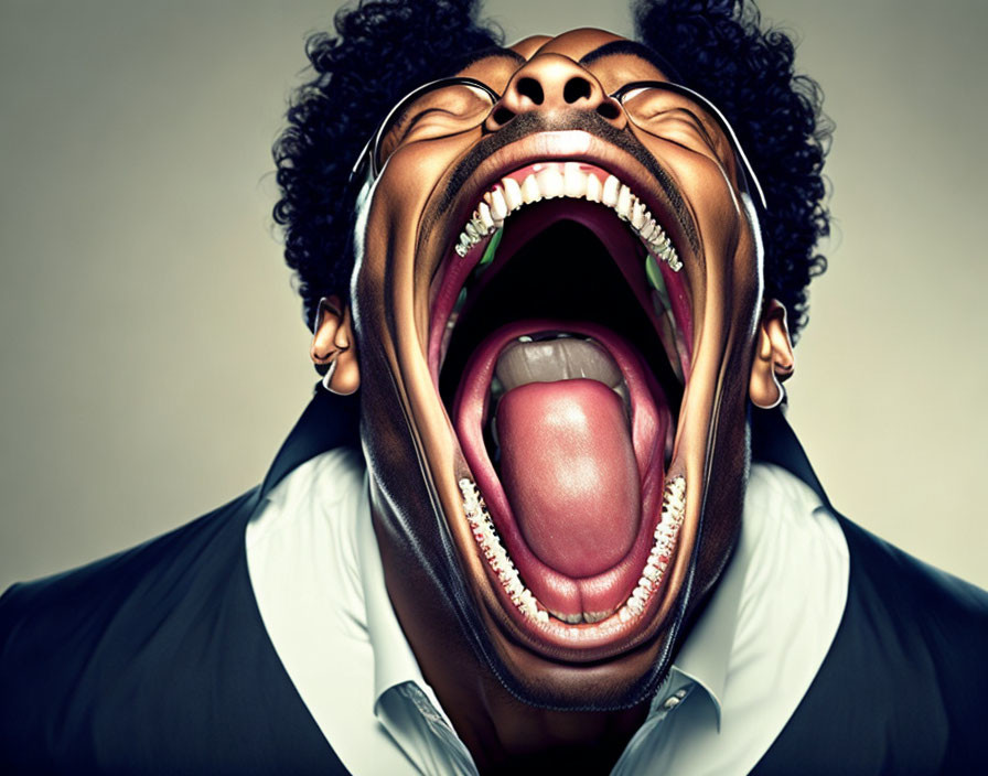 Man in suit with wide open mouth and large teeth and tongue in surreal expression