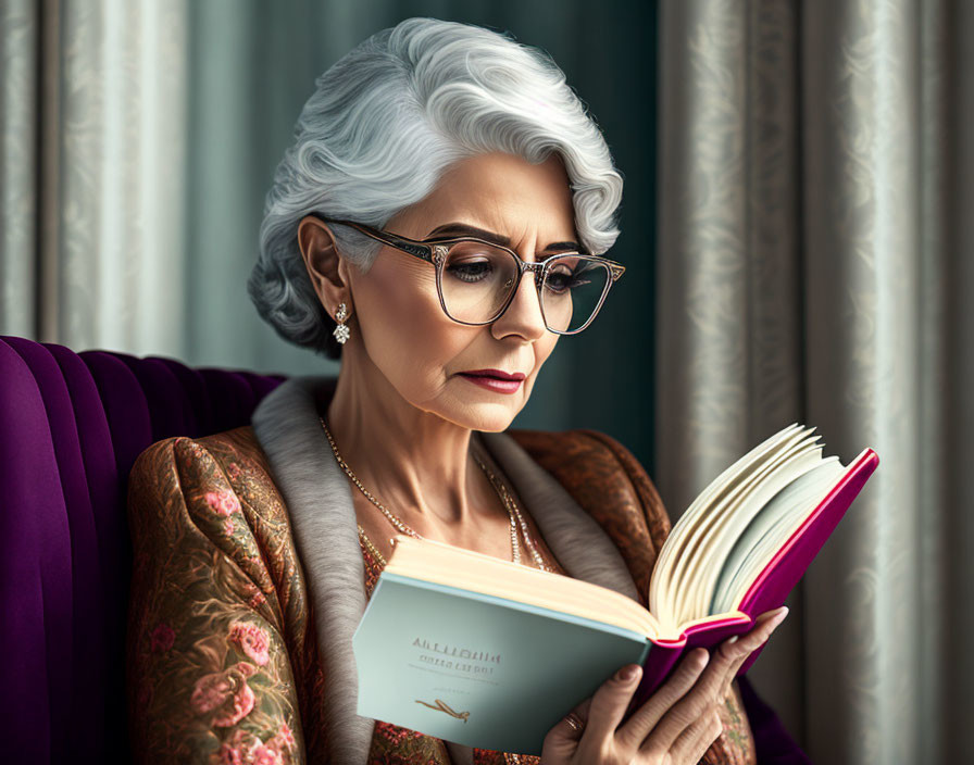 Elderly woman with white hair and glasses reading book by window