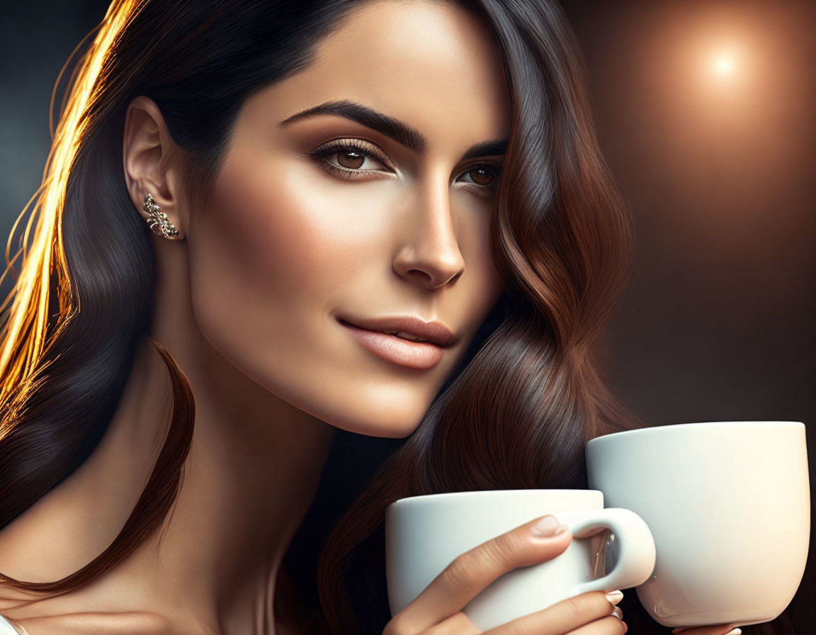 Long-haired woman with white cup displaying clear skin and elegant makeup