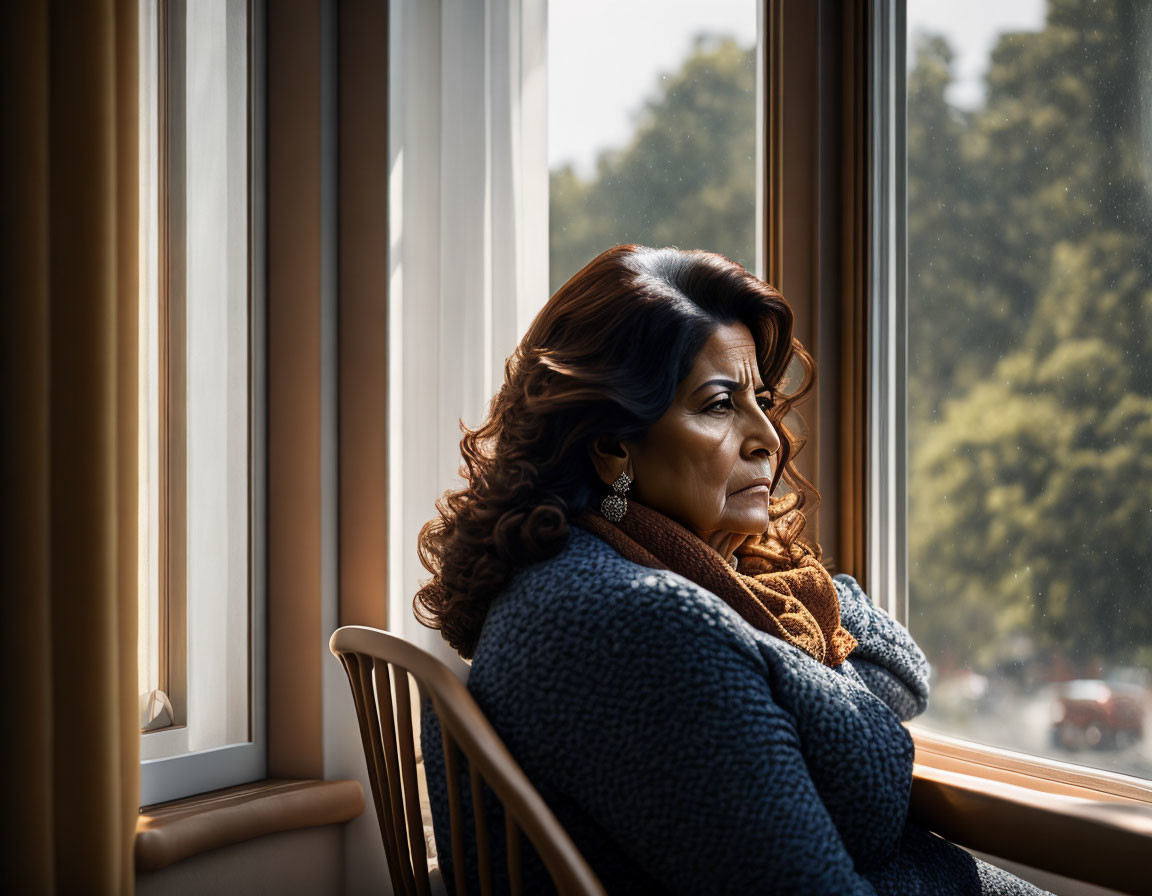 Woman in Blue Cardigan and Scarf Contemplating by Window