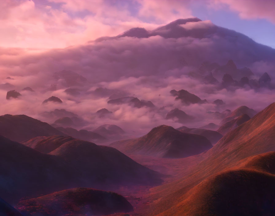 Purple-Hued Mountains in Serene Landscape with Soft Clouds