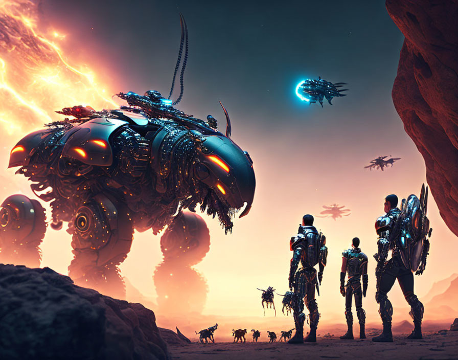 Futuristic soldiers and mechanical creatures on alien planet with red sky