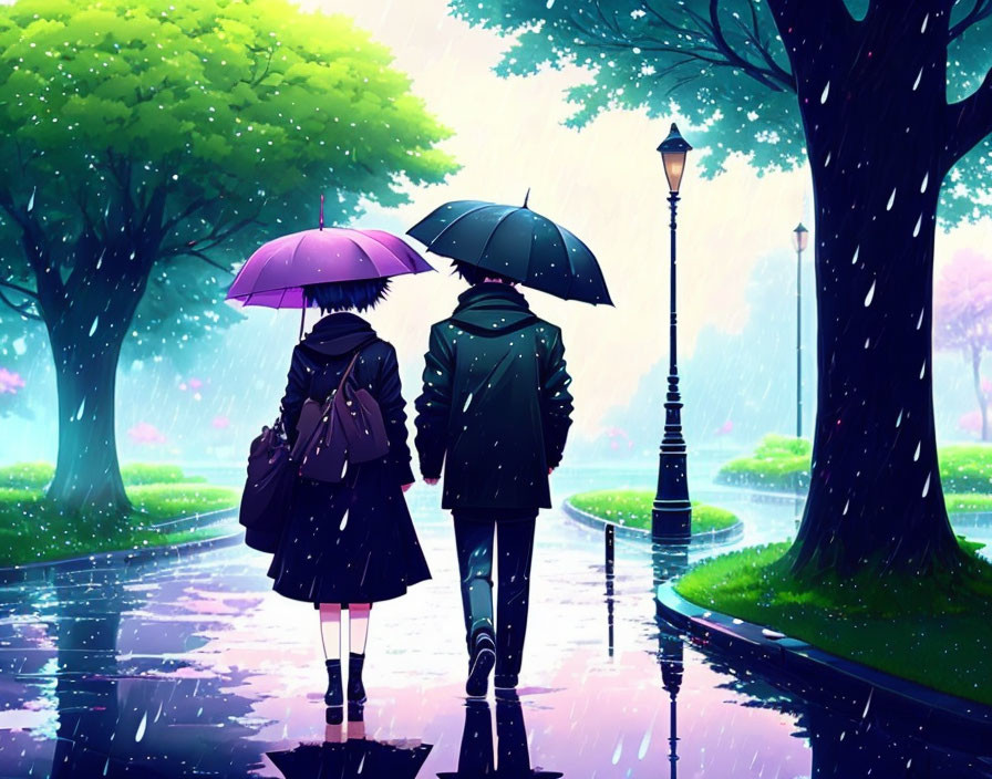 Rainy day scene: Two people with umbrellas walking on tree-lined path with street lamps and fallen