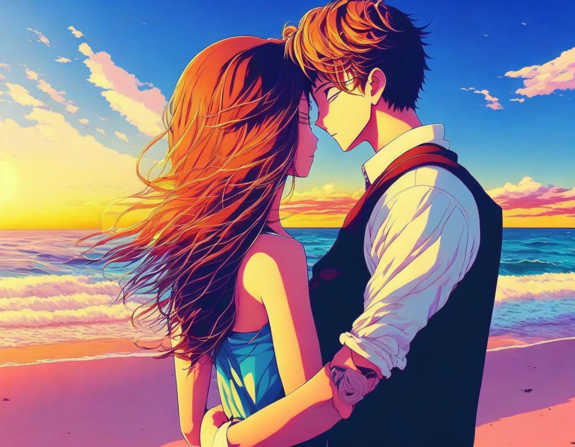 Romantic sunset beach scene with animated couple holding hands