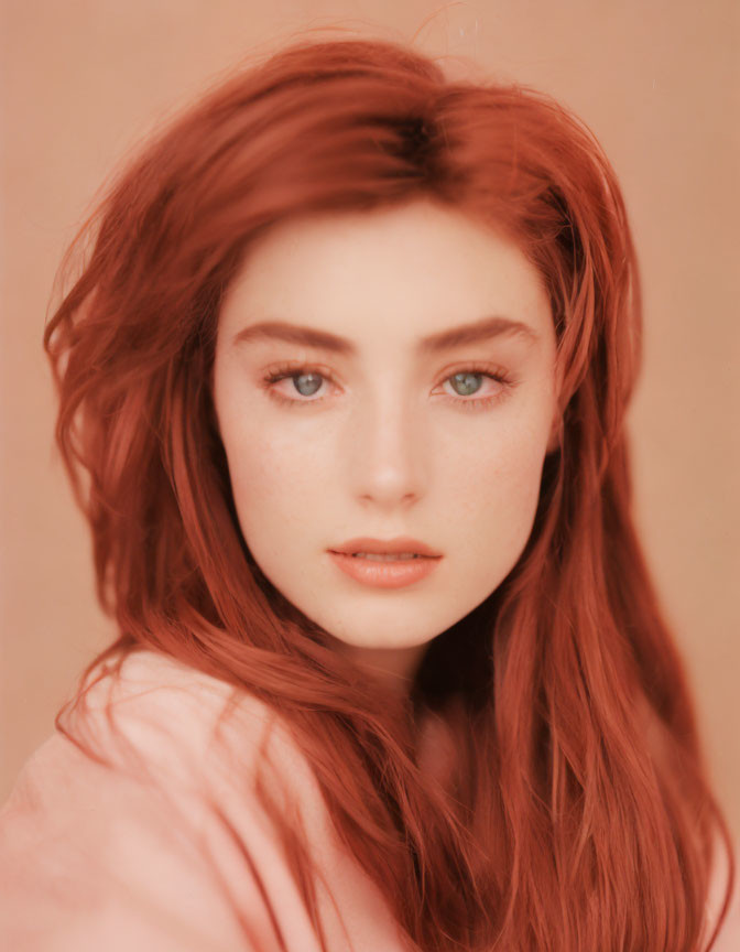 Portrait of Woman with Long Red Hair on Peach Background