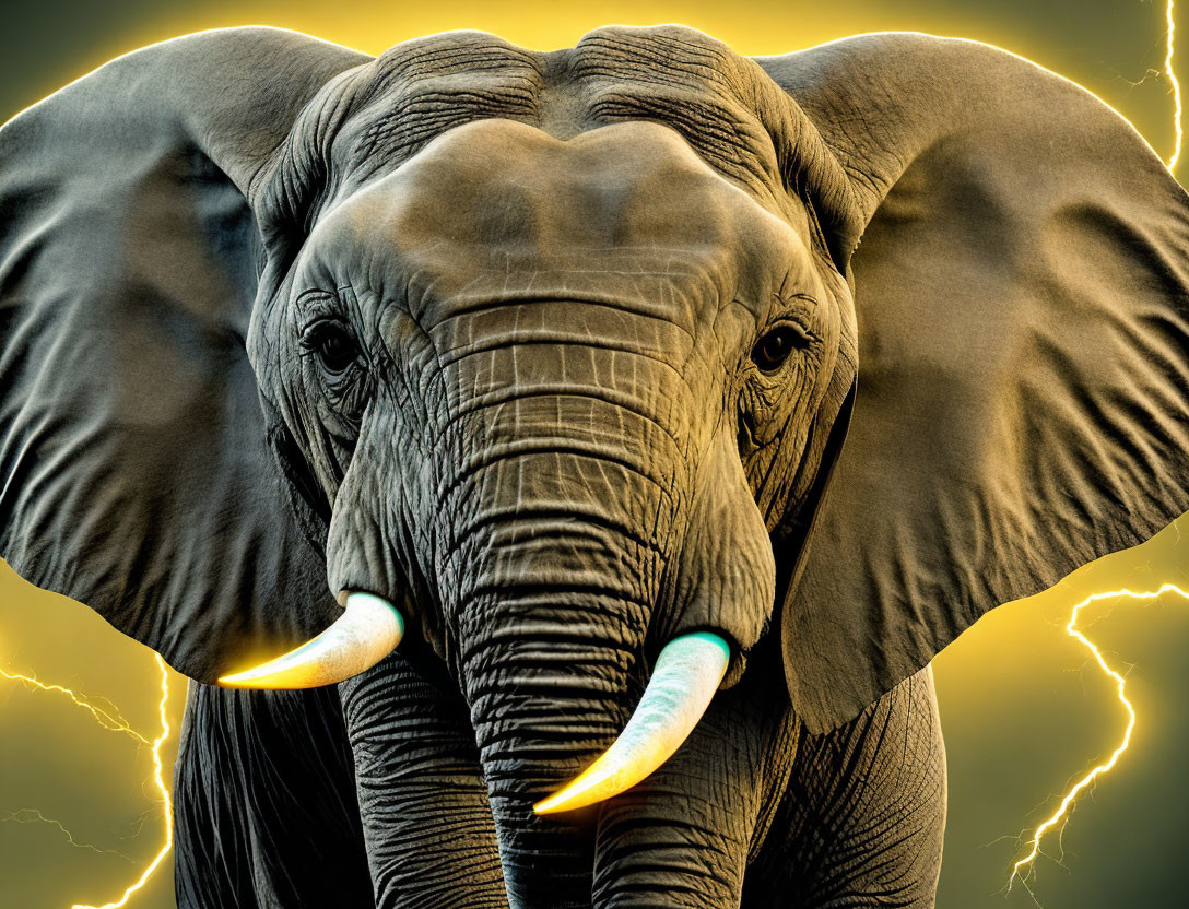 Majestic elephant with prominent tusks in dramatic lightning backdrop