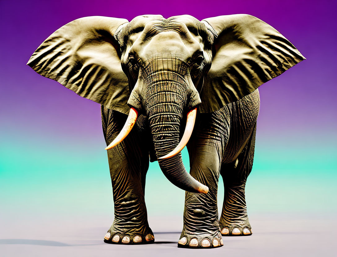 Surreal elephant with human-like feet on vibrant background