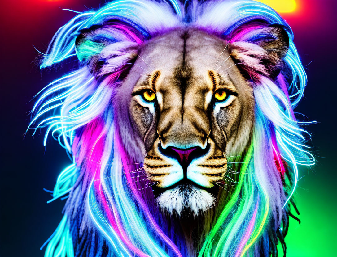 Colorful Lion with Neon Rainbow Mane on Gradient Background