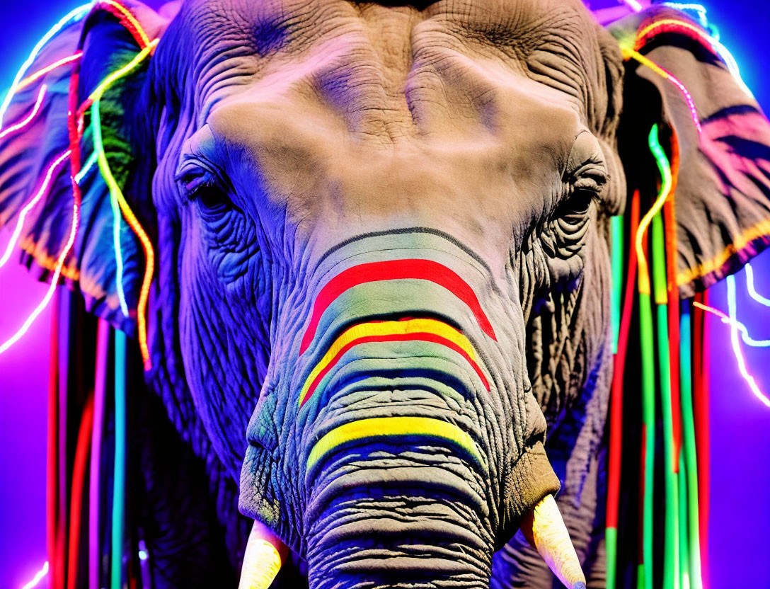 Colorful Close-Up of Elephant with Neon Lights and Rainbow Colors