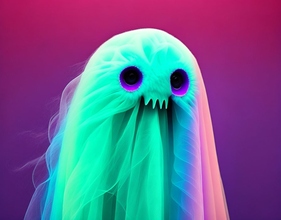 Colorful Digital Illustration of Ghostly Figure with Neon Turquoise, Purple, and Pink Hues