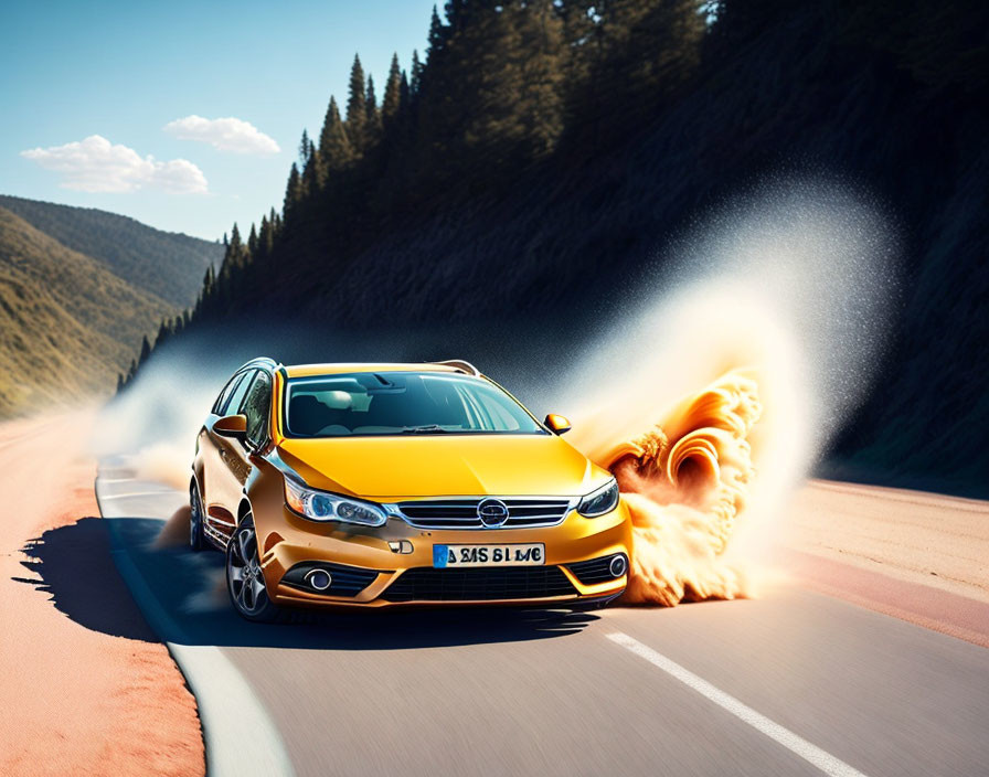 Yellow Car Speeding on Mountain Road with Exaggerated Flames and Smoke