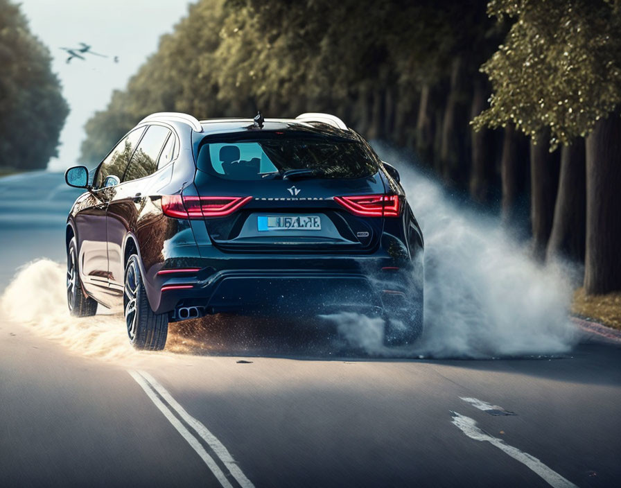 Luxury Black Car Speeding on Tree-Lined Road