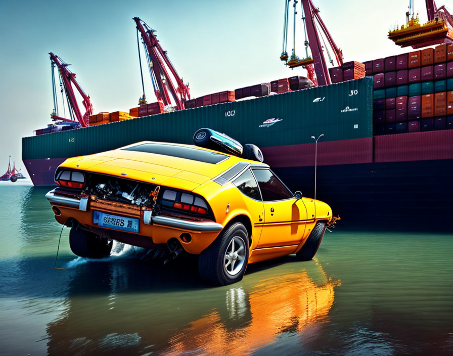 Yellow Vintage Sports Car Parked by Water with Cargo Ships and Cranes