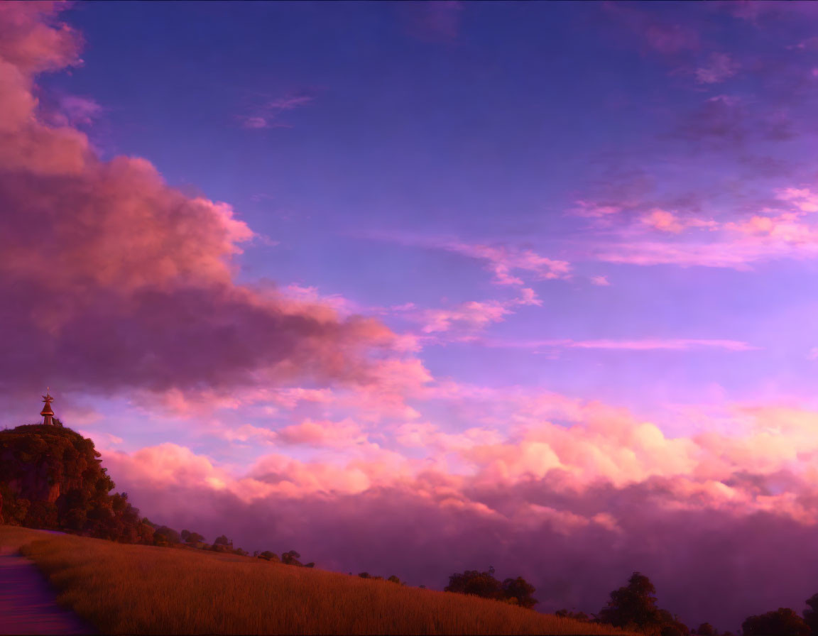 Purple sky above sea of clouds with pagoda on cliff