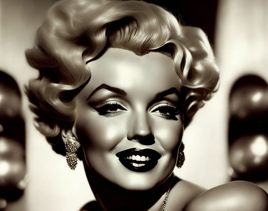 Glamorous vintage grayscale portrait of a woman with classic Hollywood curls and dazzling earrings.