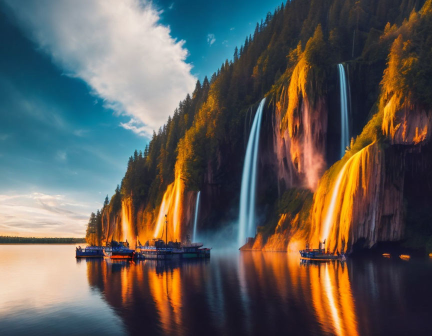 Tranquil lake with cascading waterfall at sunset