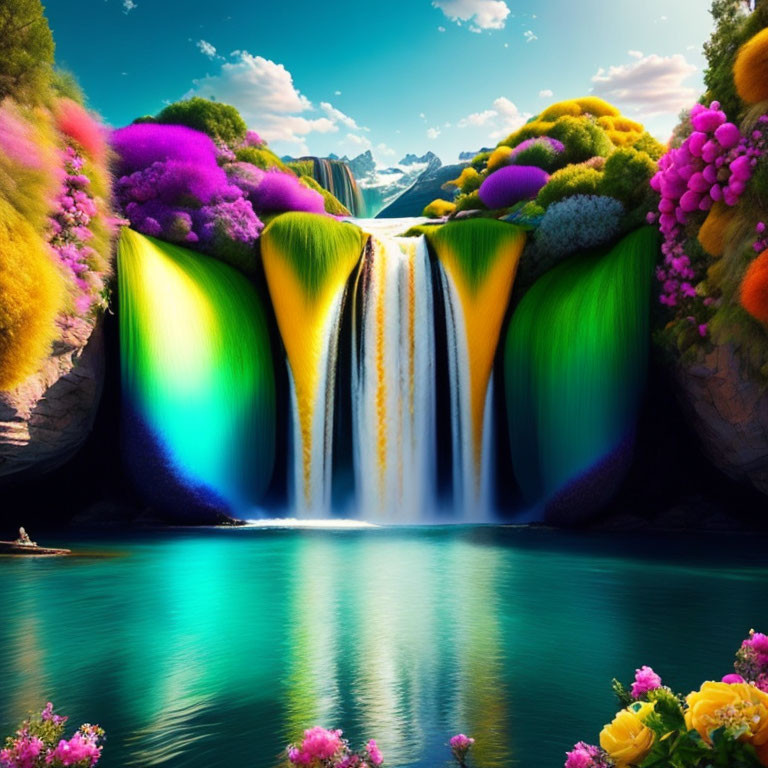 Colorful waterfall landscape with mountains under blue sky