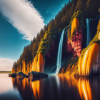 Tranquil lake with cascading waterfall at sunset