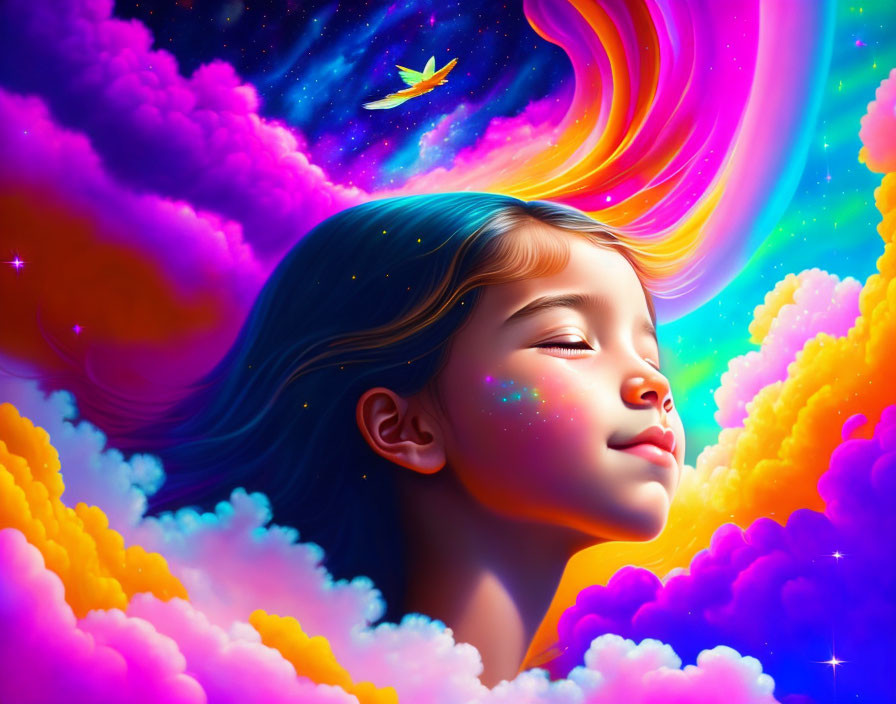 Serene girl surrounded by swirling clouds and starry sky with bird flying towards vortex