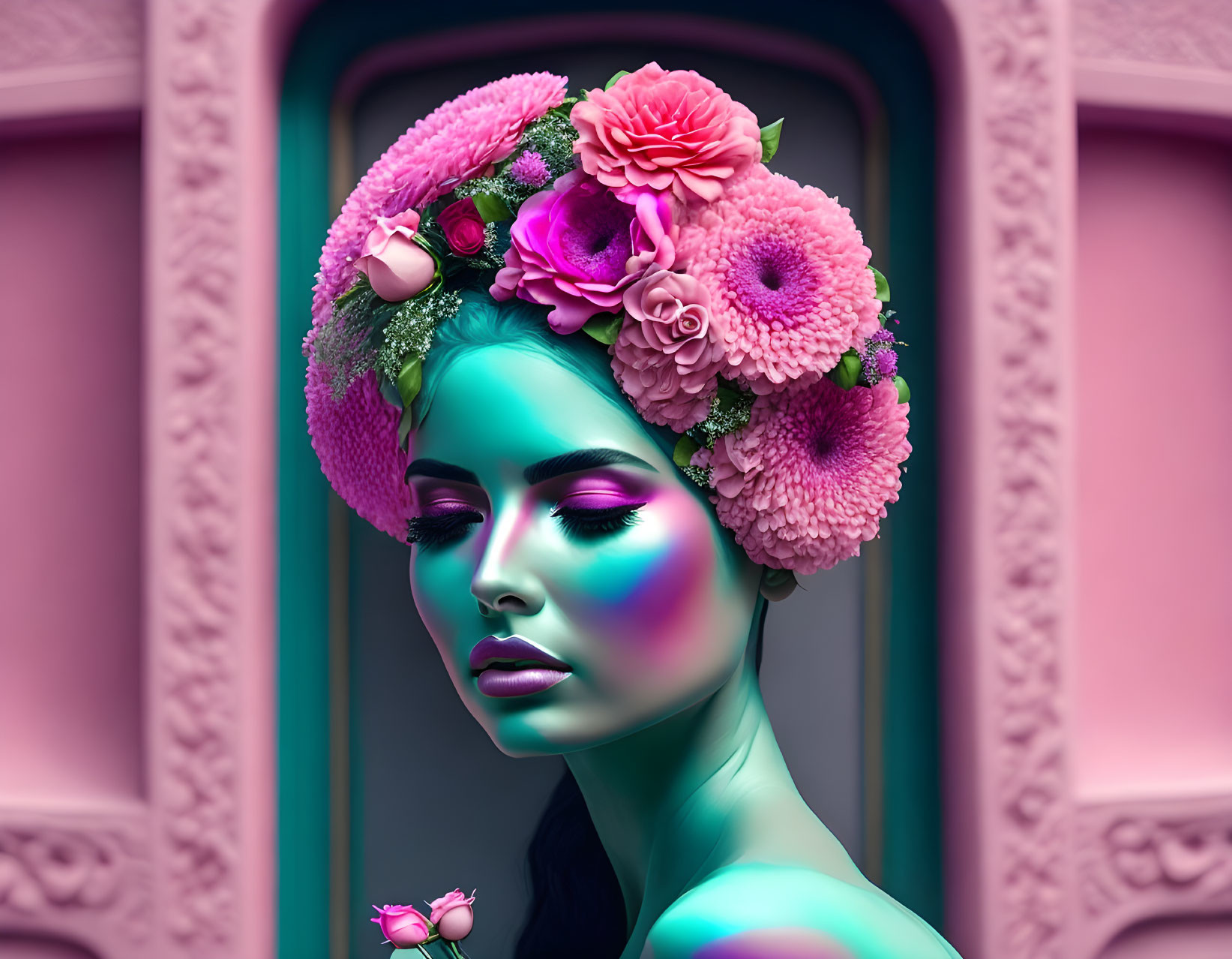 Vibrant digital art: Woman with green skin and pink floral headwear in iridescent makeup