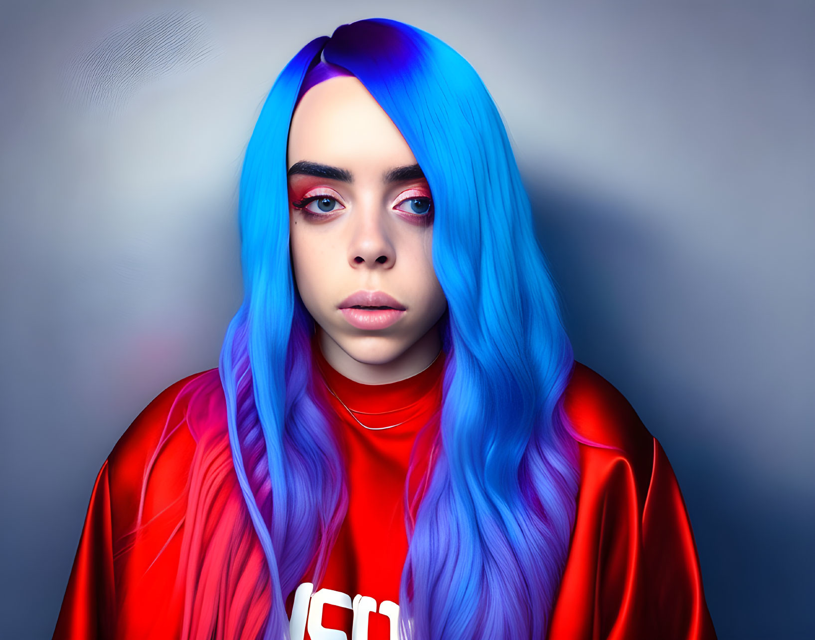 Blue-haired person in red shirt with large eyes on gradient blue backdrop