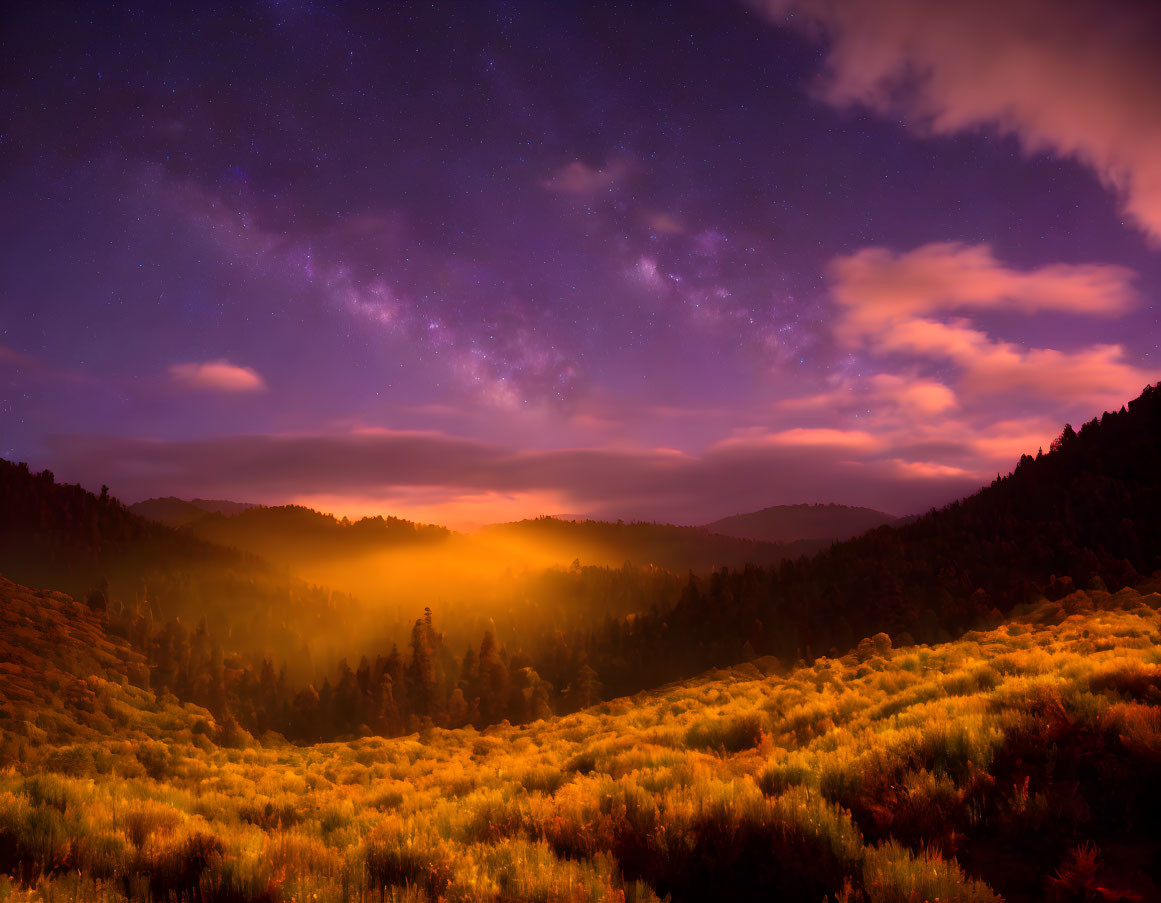 Twilight scene with starry sky over forested mountain range and glowing valley