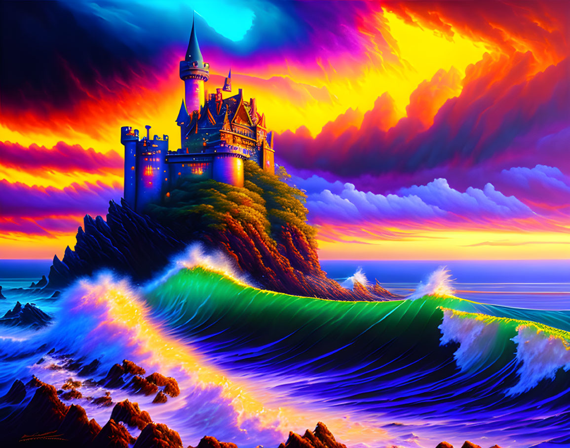 Majestic castle on cliff under orange and purple sunset