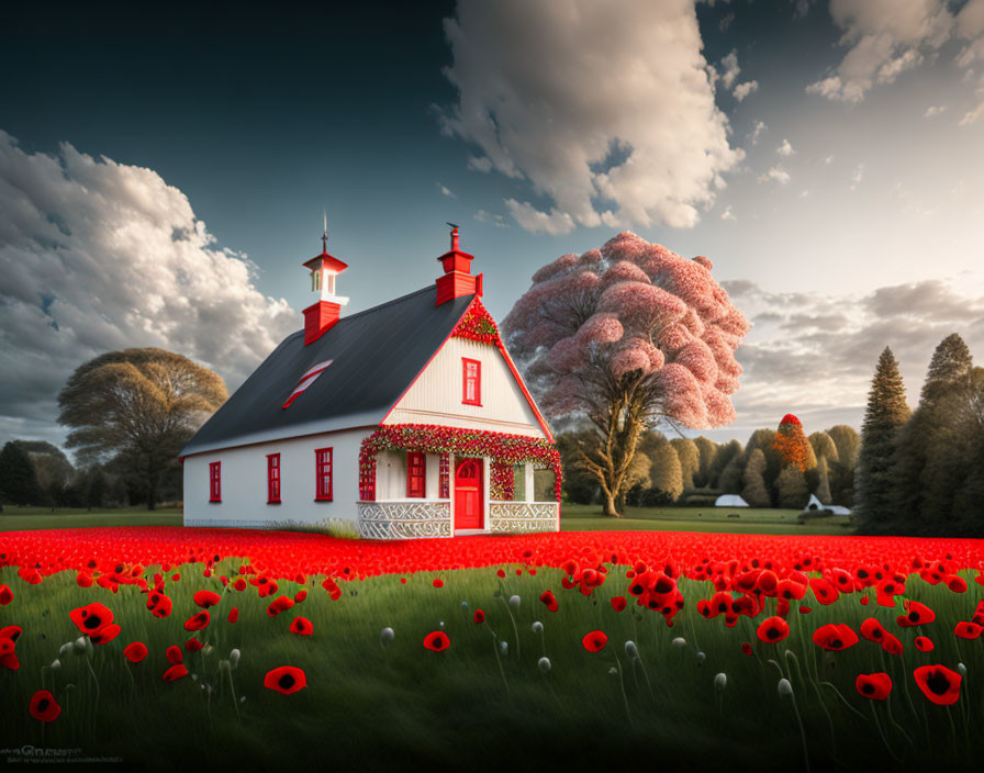 White House with Red Roof Surrounded by Poppies and Dramatic Sky