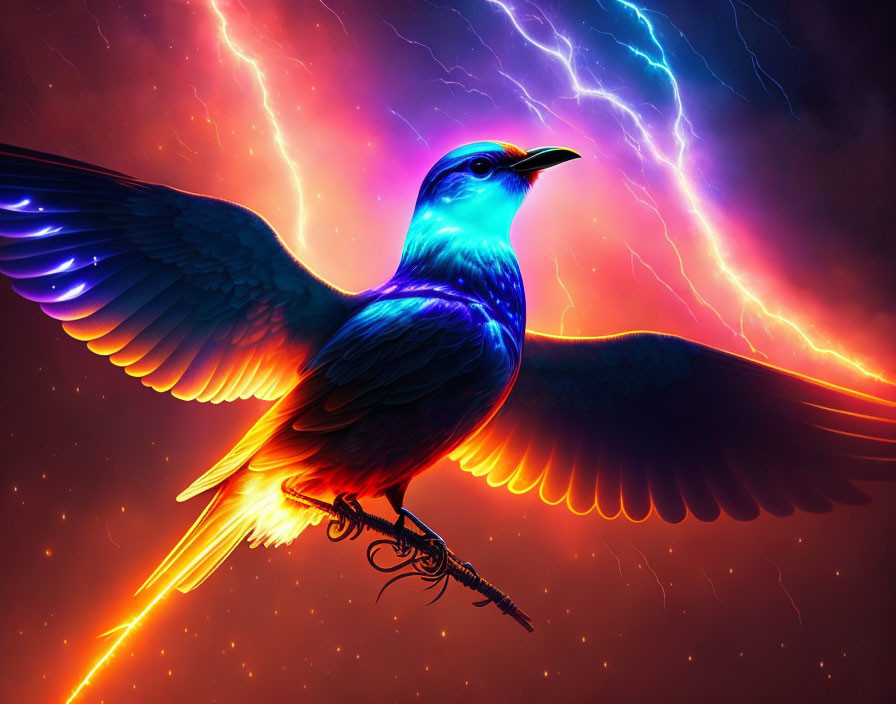 Colorful Digital Art: Blue Bird in Stormy Sky