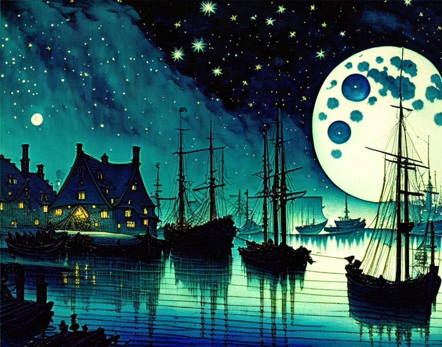 Nighttime Harbor Scene with Tall Ships, Gabled Houses, and Oversized Moon