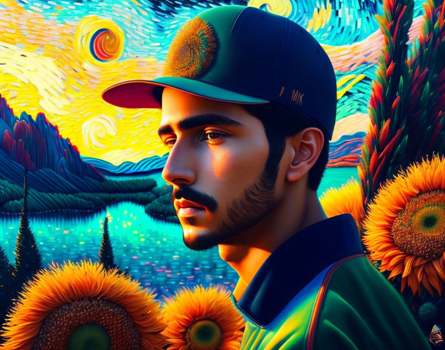 Man in Cap with Van Gogh-Inspired Sunflower Landscape