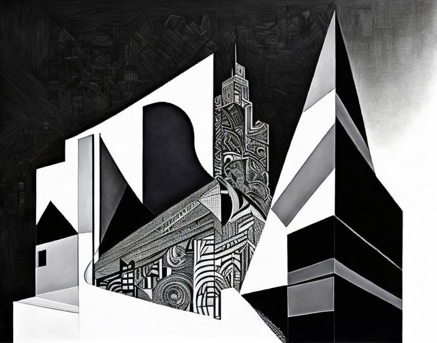 Abstract black and white geometric drawing with intertwined shapes and architectural patterns