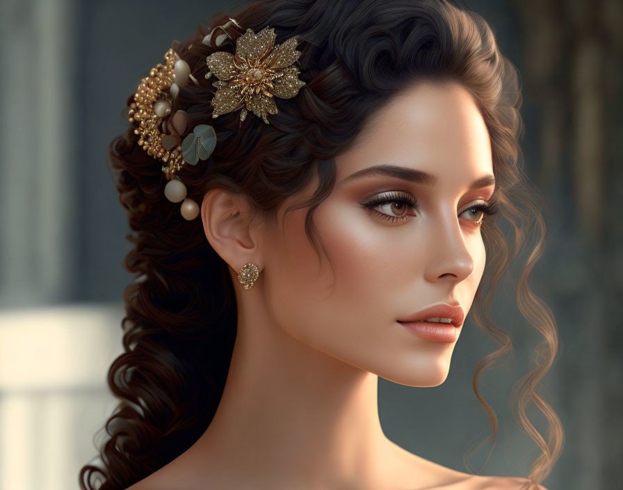 Woman with Elegant Updo and Gold Floral Hair Accessories