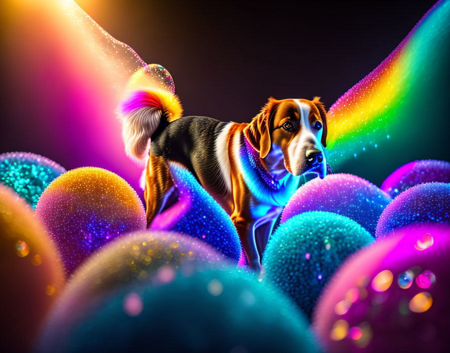 Colorful Beagle Dog Surrounded by Glowing Orbs and Rainbow Light