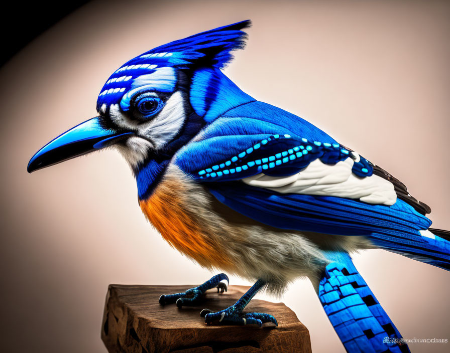 Colorful Blue and White Bird with Orange Chest on Wooden Block in Soft Brown Setting