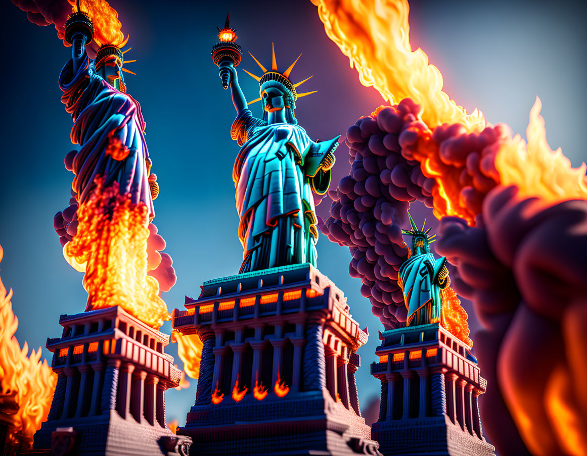 Three stylized Statue of Liberty sculptures with flaming torches on a blue sky background