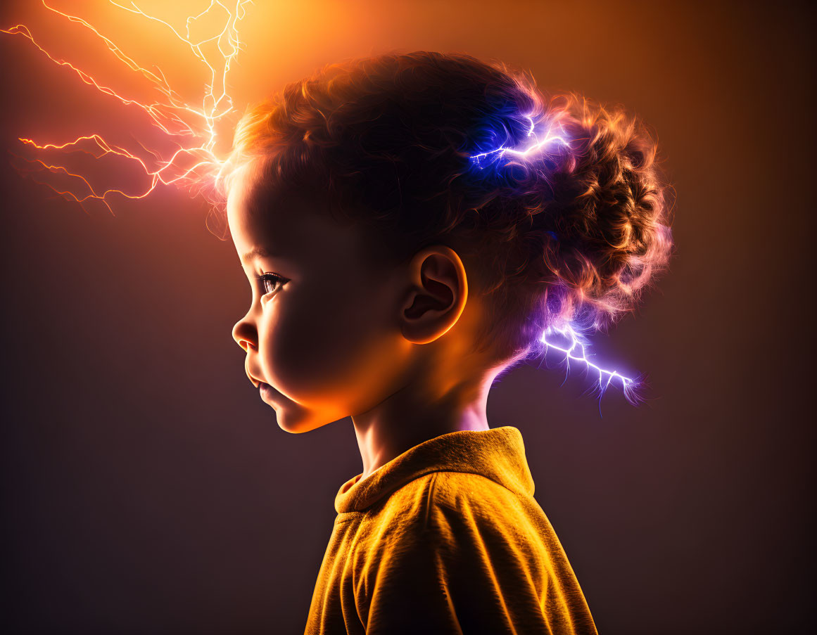 Child's Profile with Vibrant Orange Glow and Blue Lightning Effects